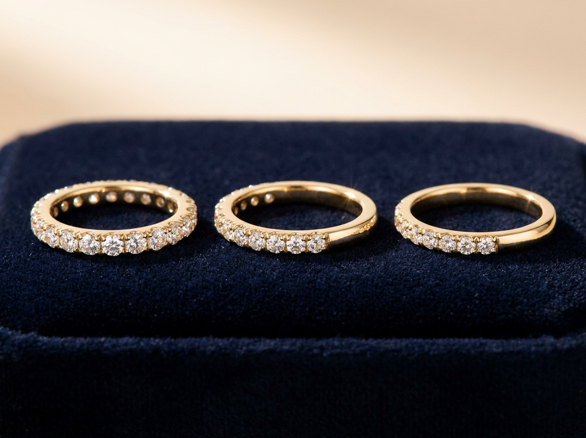 full three-quarter and half natural diamond eternity band coverage compared side by side
