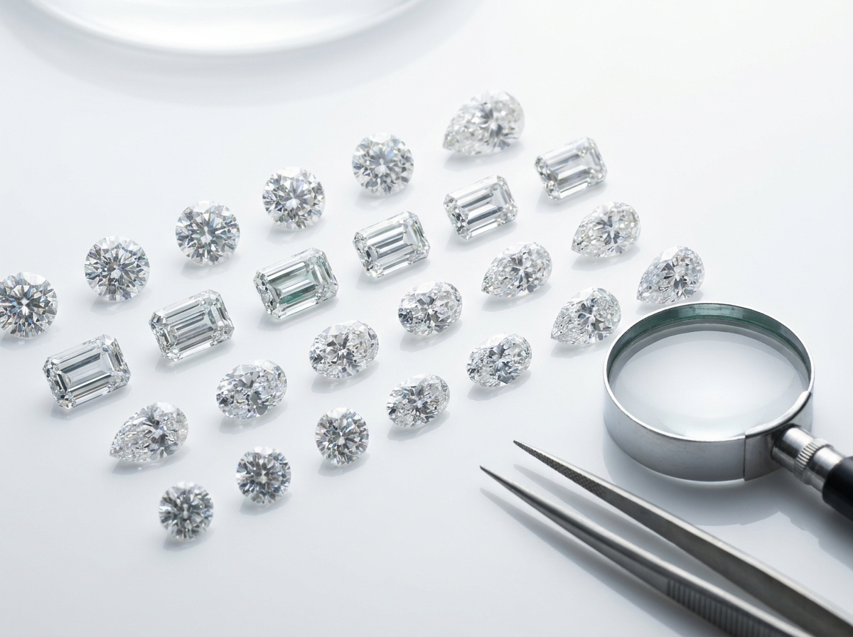 Assorted loose diamonds in round, emerald, oval, and pear shapes arranged on a white background for quality inspection