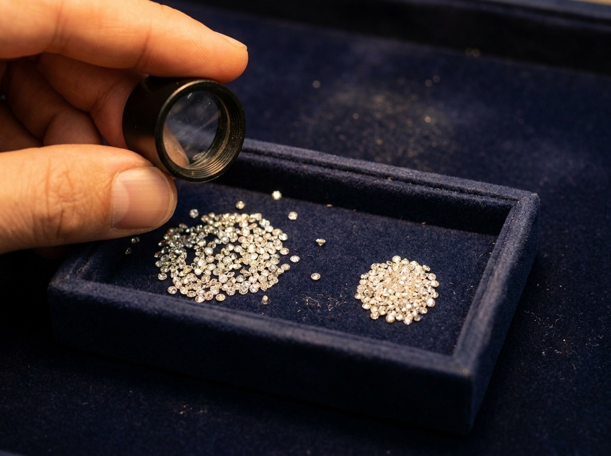 A jeweler inspecting loose natural melee diamonds under a loupe with two sorted piles separated on a navy tray