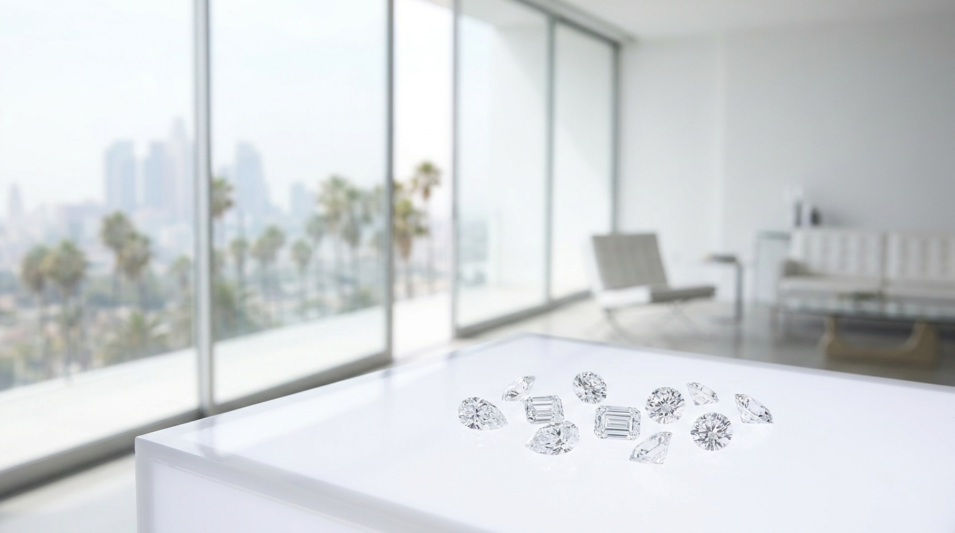 Loose lab-grown diamonds arranged on a light table with a Los Angeles skyline and palm trees visible through floor-to-ceiling windows in a bright modern studio