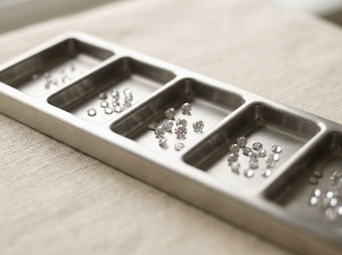 Loose calibrated white melee diamonds poured out on a cream linen surface next to a jeweler's loupe