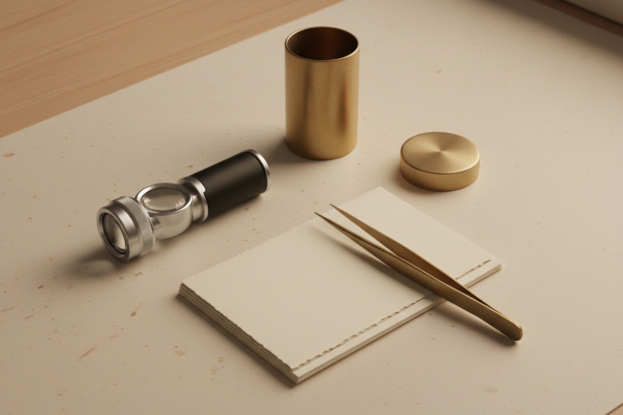 Editorial still life of a jeweler's loupe and tweezers beside stacked blank certificate-style paper on a cream and brass toned desk