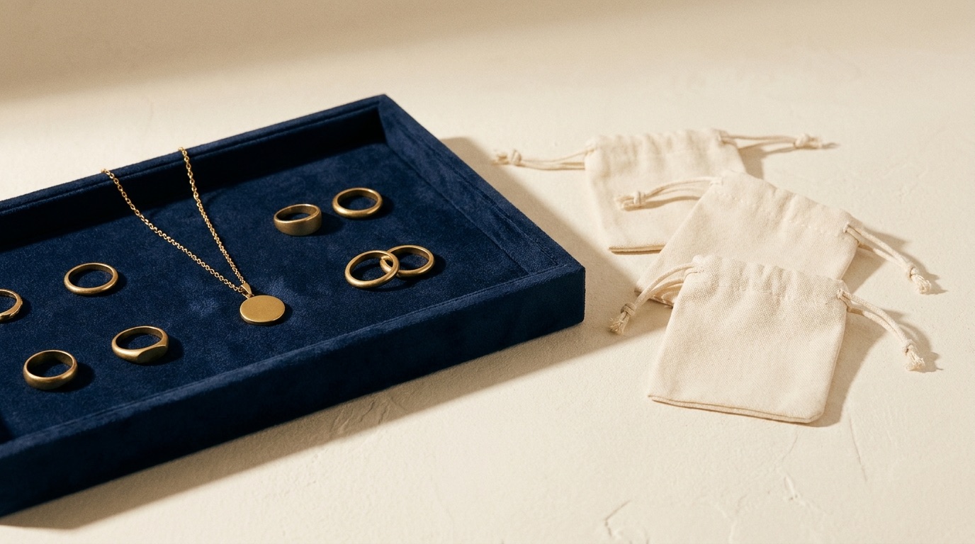 Curated tray of five signature jewelry styles laid out as a retailer's house collection