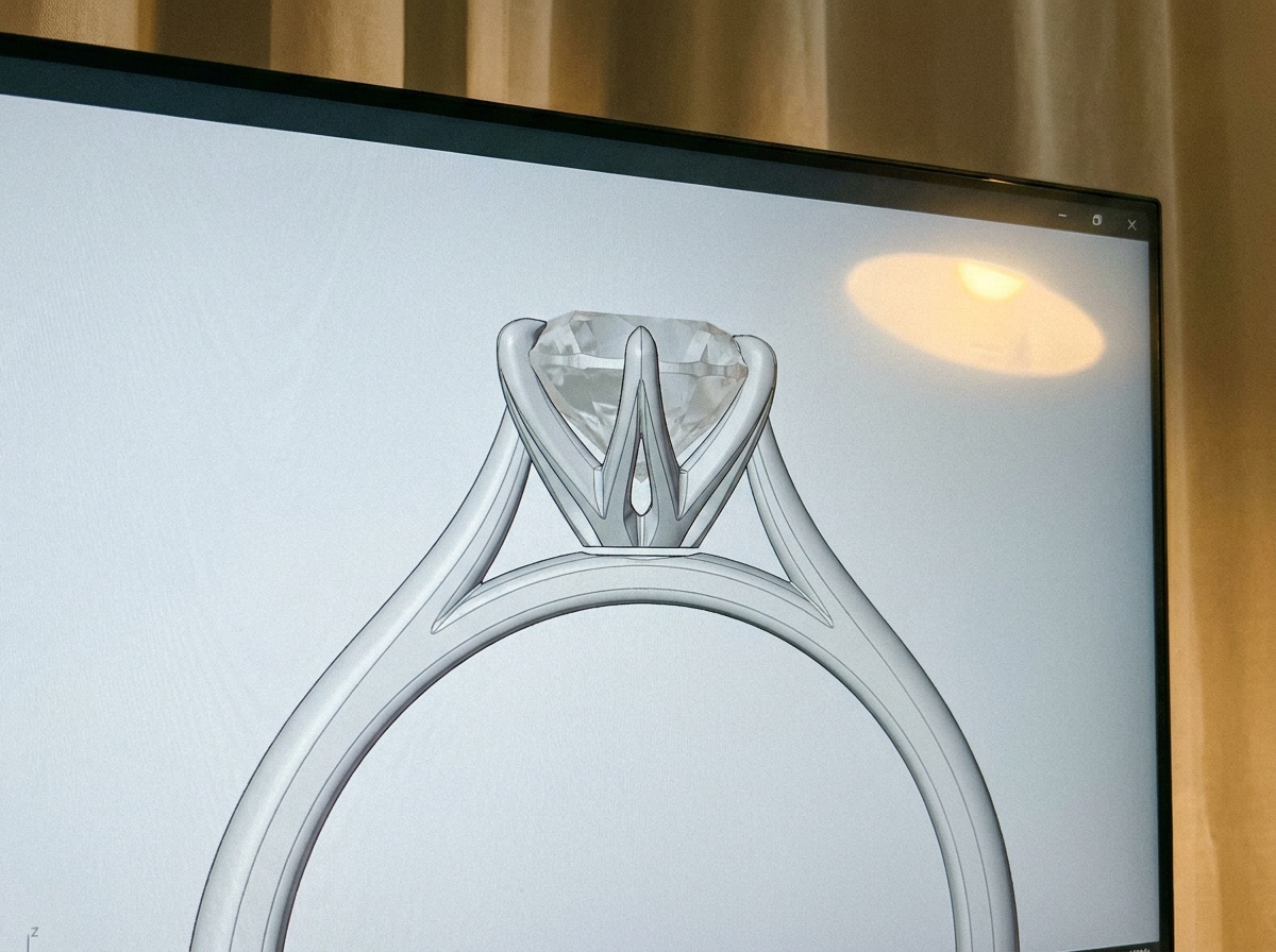 Jeweler redlining a CAD file printout, marking prong height and engraving corrections before sign-off