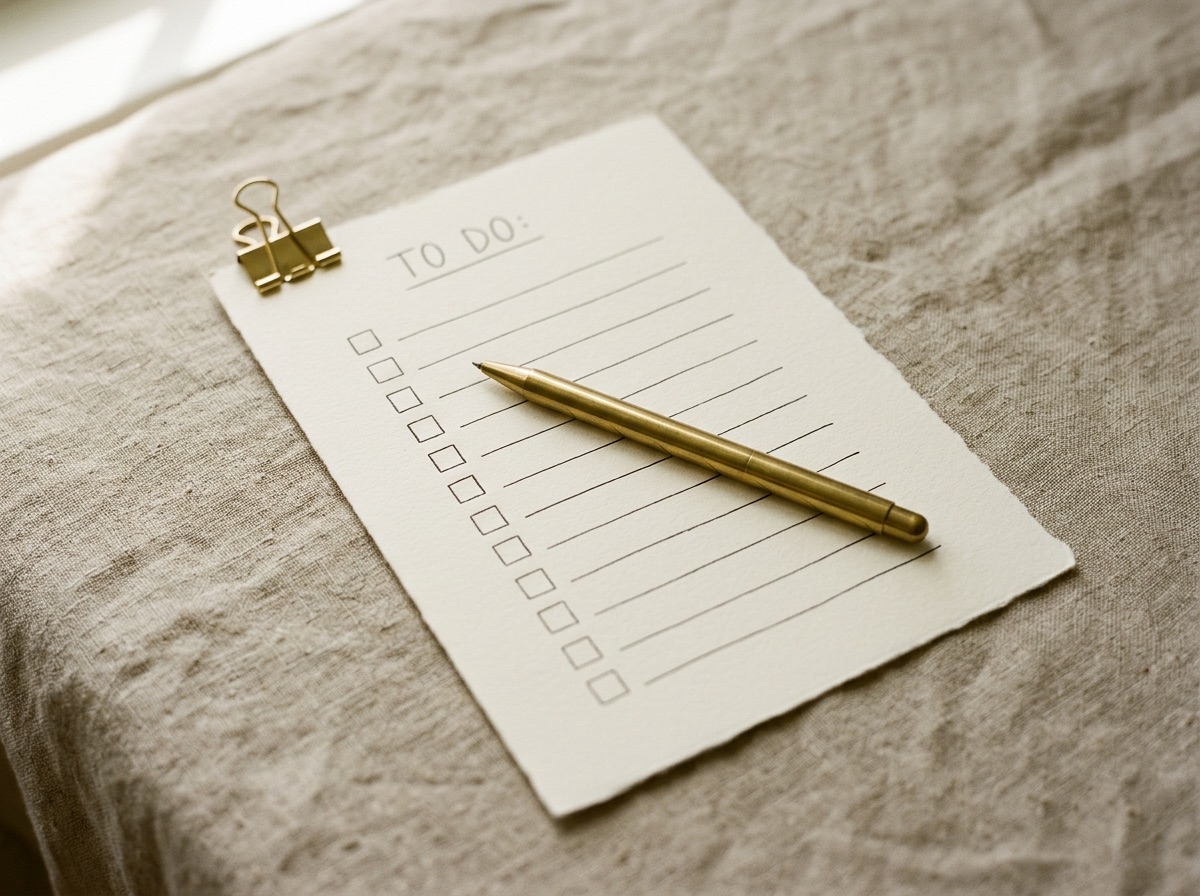 Editorial still life of a blank checklist with a brass pen and binder clip on cream paper