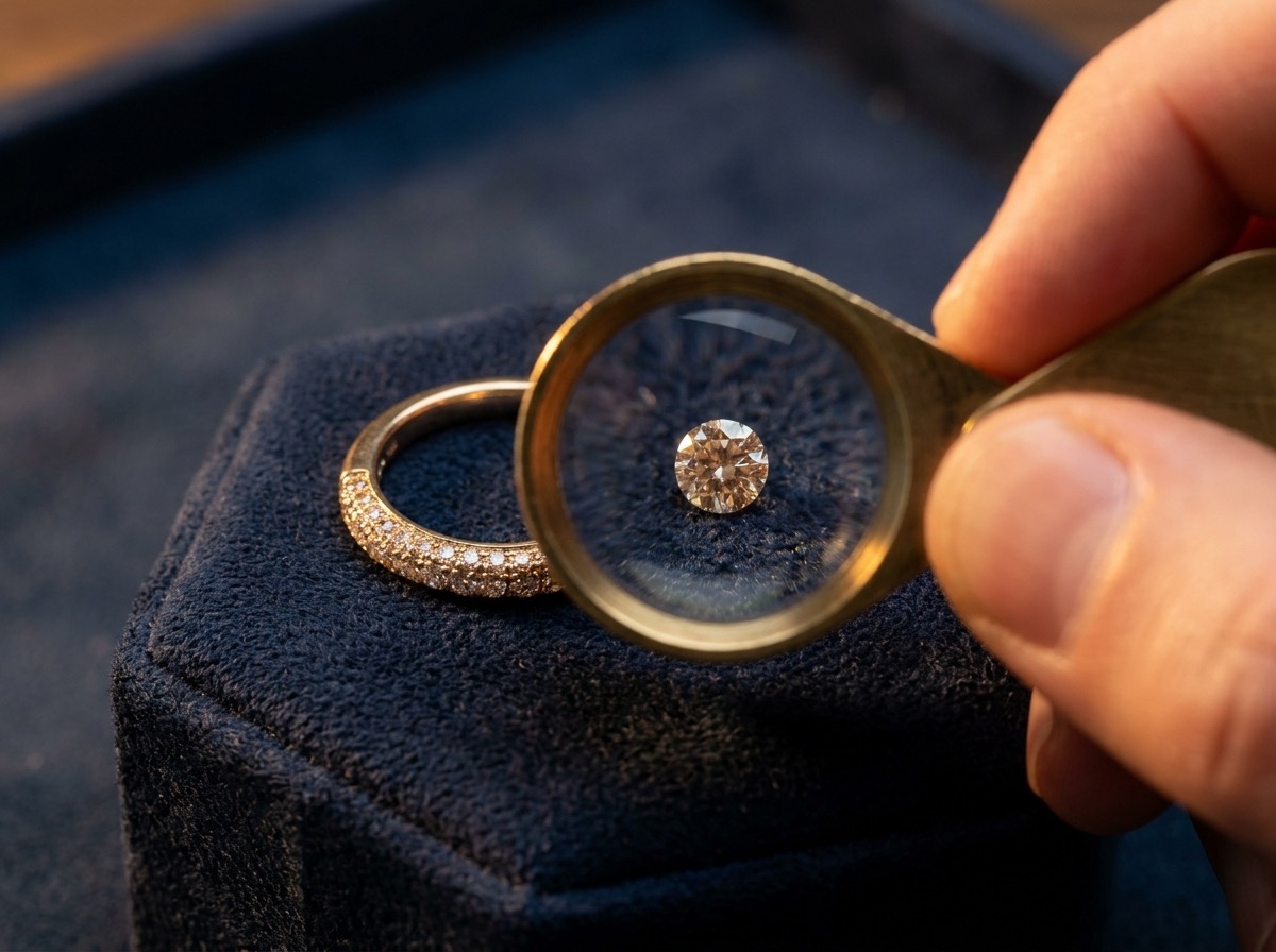 A jeweler comparing a single loose natural melee diamond against an existing pavé setting under a loupe