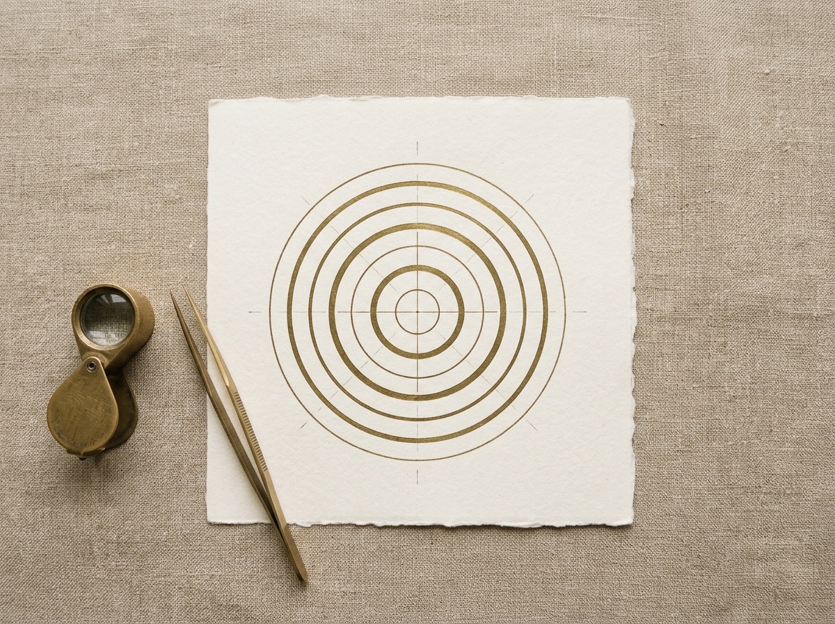 Flat-lay diagram of a continuous bezel collar sketched in brass linework on cream paper, with burnishing tools and calipers on oat linen