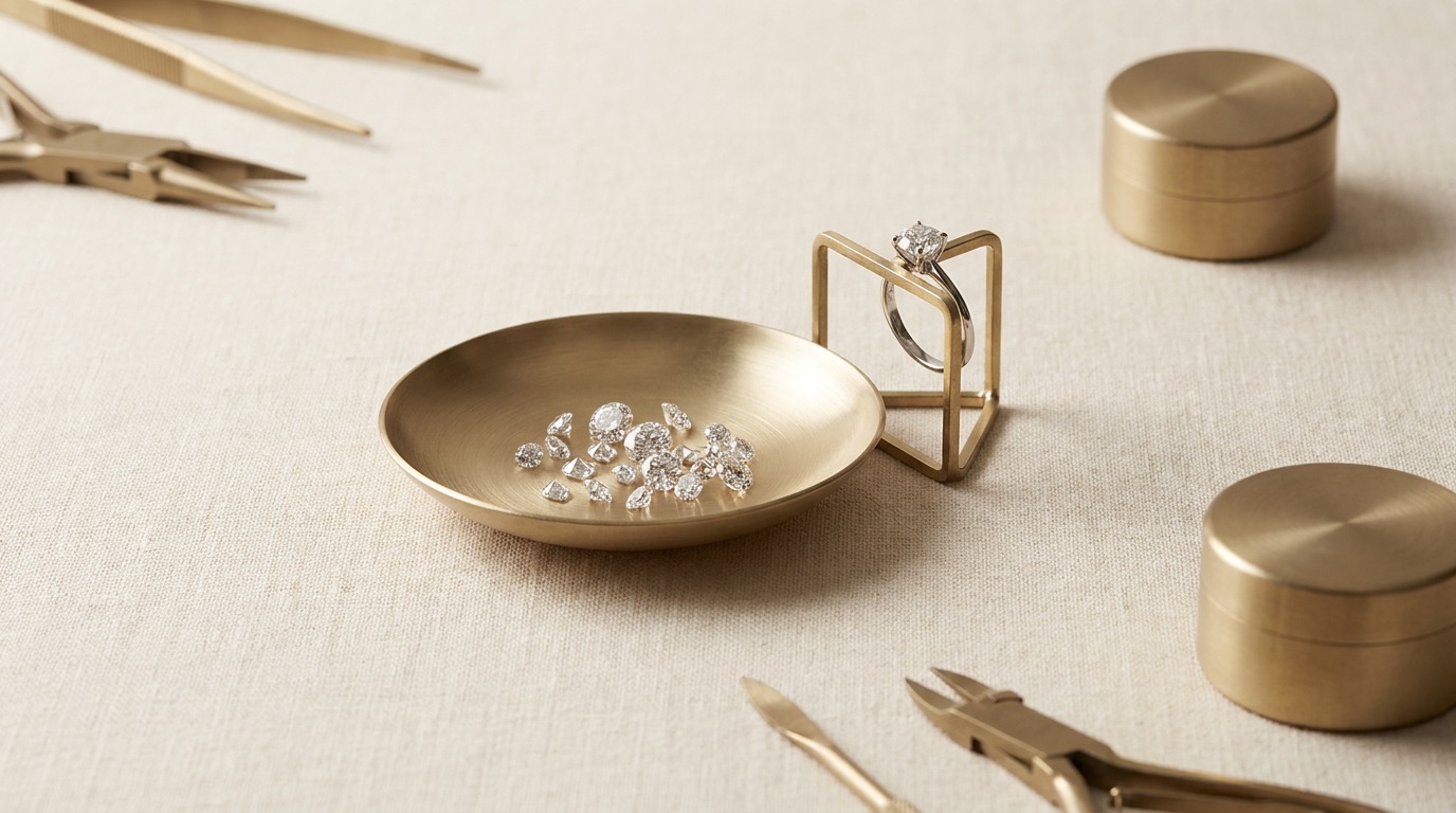 Side-by-side trade display of loose certified diamonds and finished custom jewelry pieces, representing a retailer's blended sourcing decision