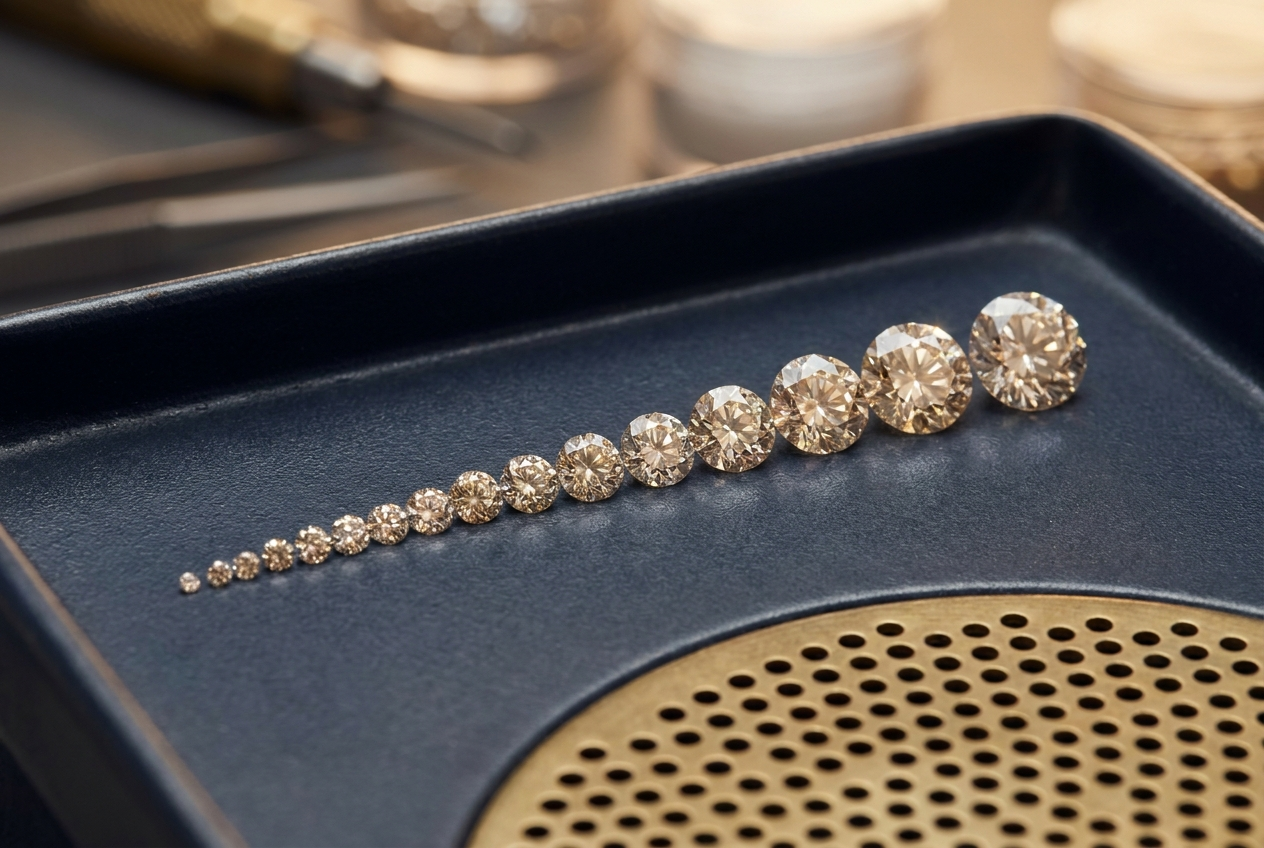 graduated loose round melee diamonds by size next to a brass sieve plate, illustrating size-based pricing