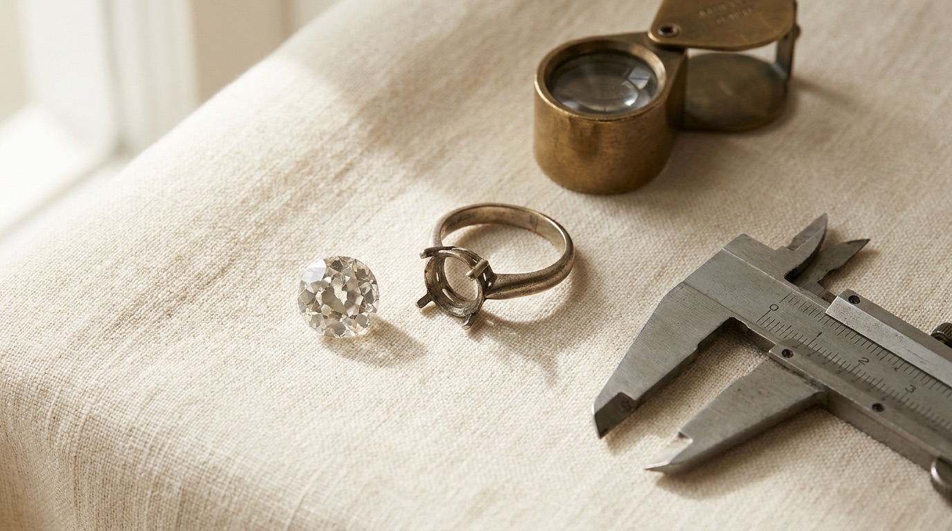 Cinematic close-up of a finished diamond ring with an antique center stone and pavé halo resting on a dark studio surface