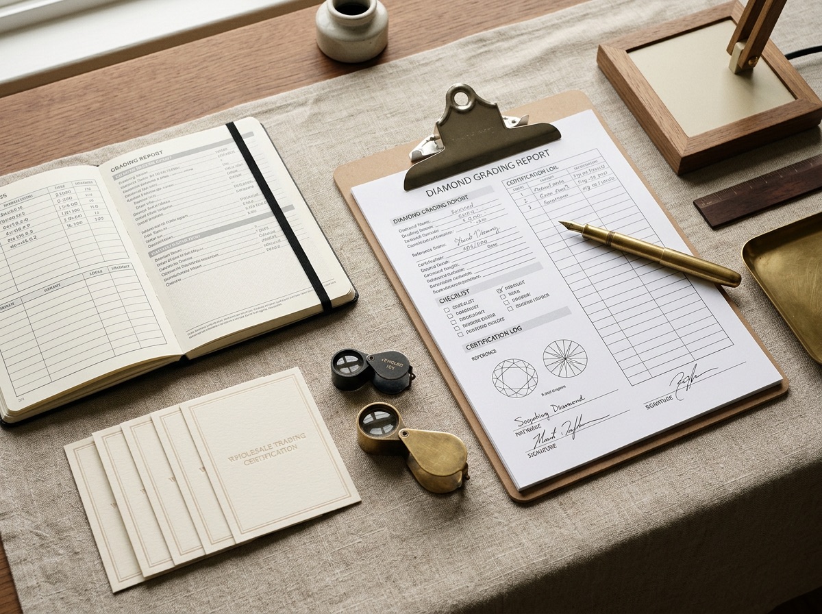 Flat-lay of angle gauges, a protractor, and faceting reference cards arranged on an oat linen surface