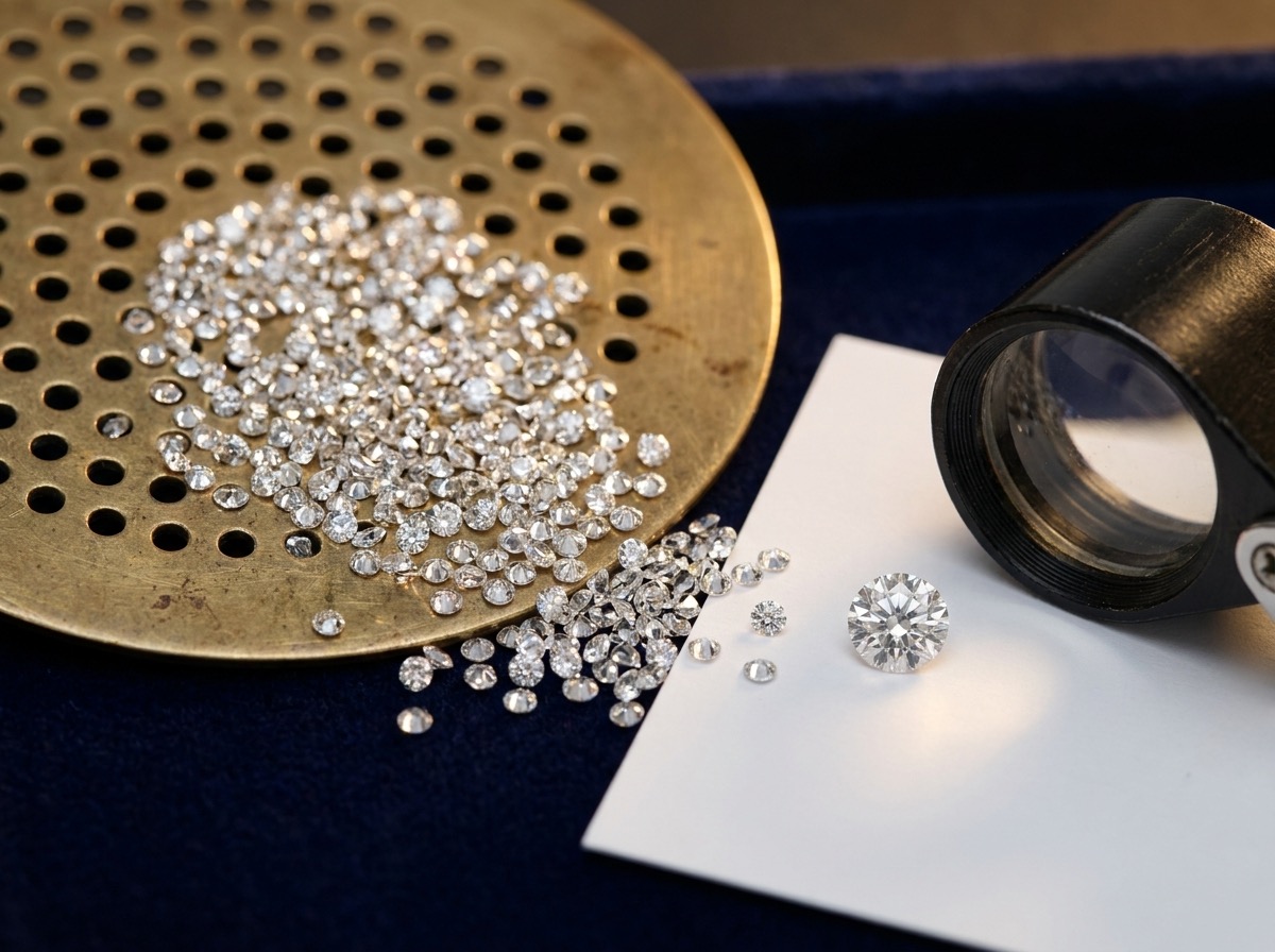Loose natural melee diamonds being measured through a graduated sieve plate beside a master stone and jeweler's loupe