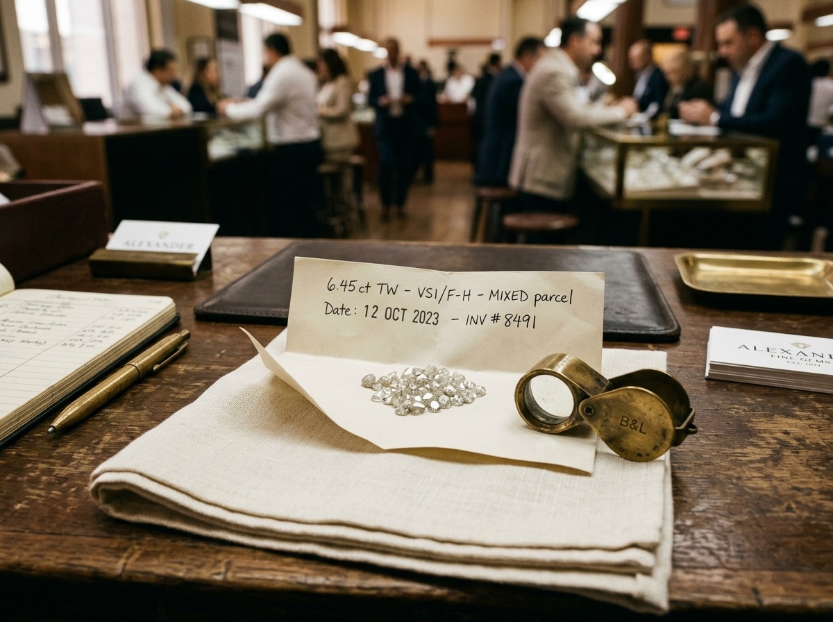 A jeweler's workbench with a loupe, calipers, and a hand-sketched marquise diamond diagram on cream paper