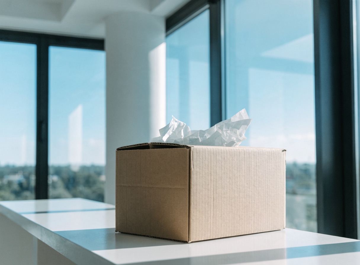 A plain shipping box with white tissue paper on a white counter in a sunlit studio with large windows