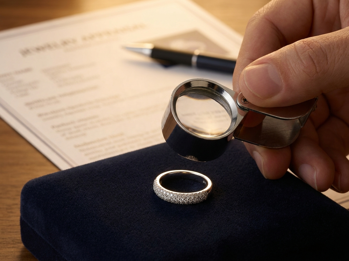 Jeweler's loupe held over a finished pavé diamond ring with an appraisal document in the background