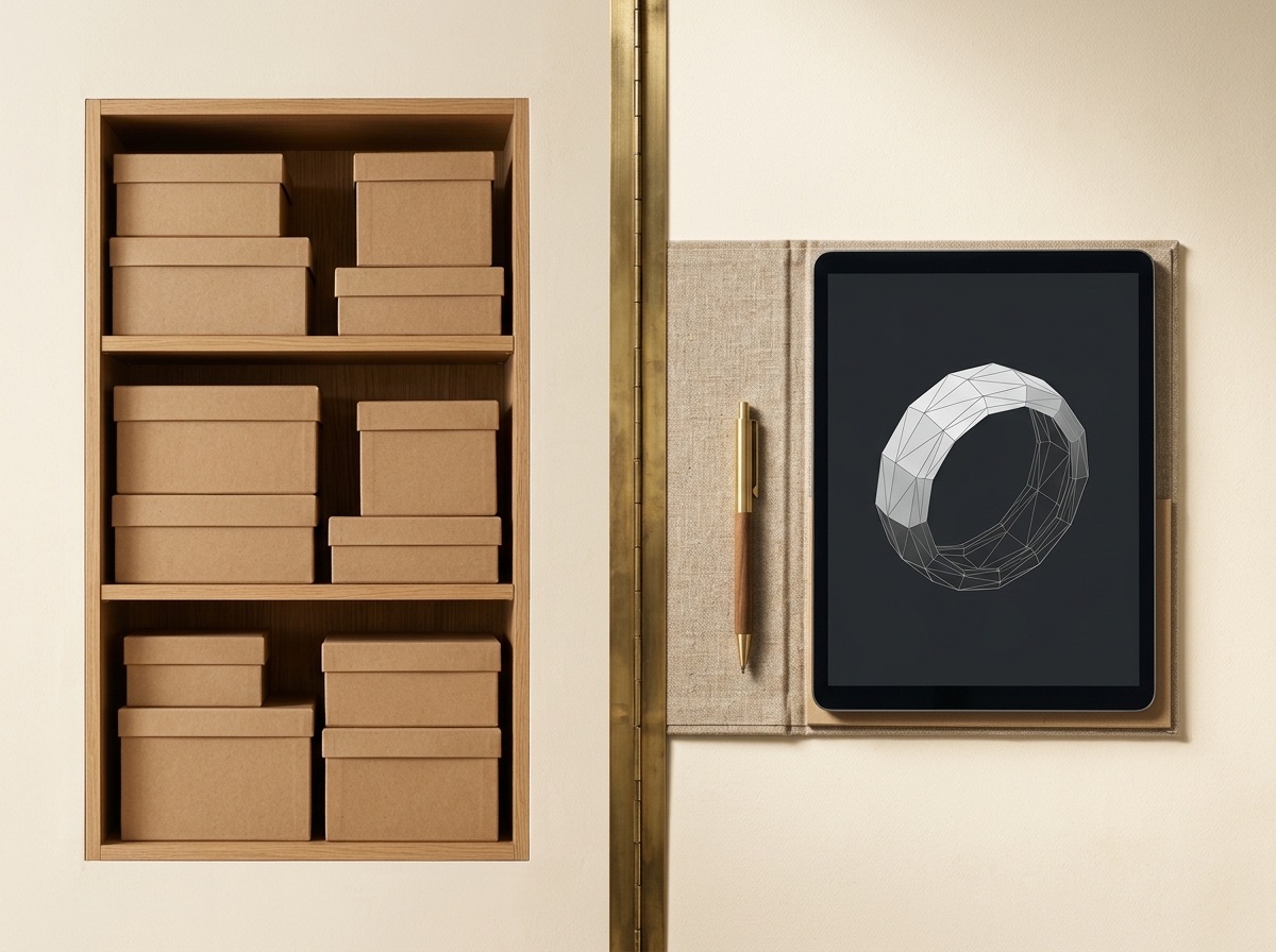 Stored inventory boxes beside a single order folder and tablet