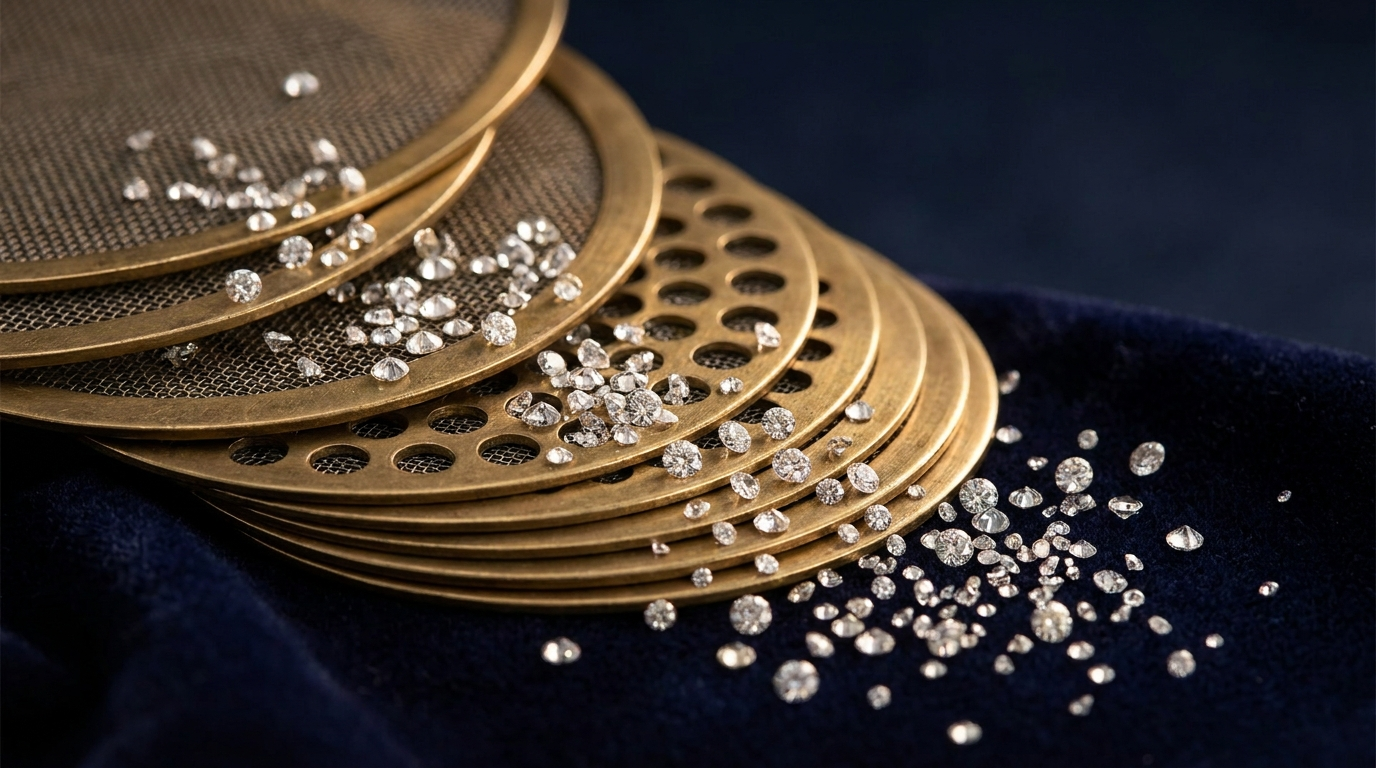 graduated sieve sorting plates with loose natural round melee diamonds on navy velvet — Guru Diam 2026 natural melee sieve size rate card