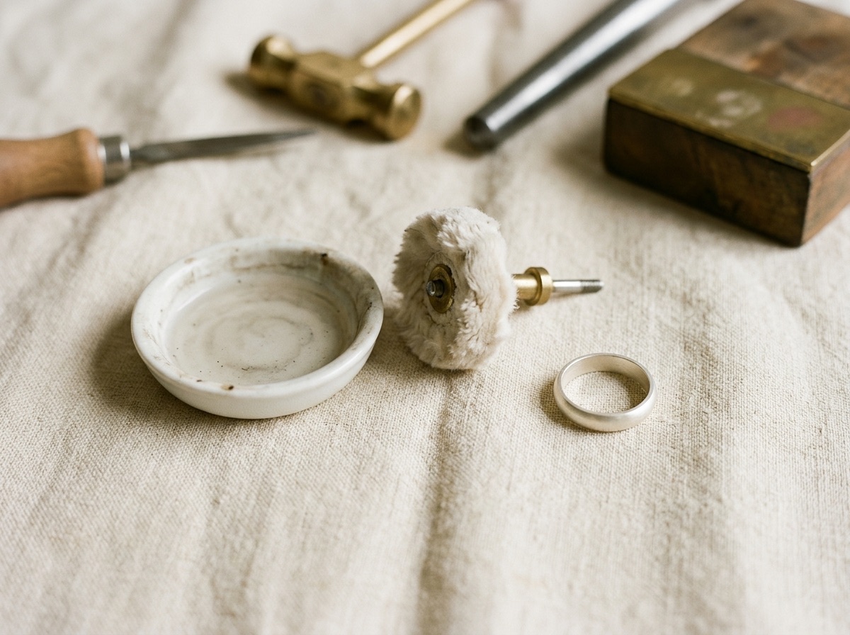 Jeweler’s bench tools — file, polishing cloth, prong pusher, and brass gauge — on a warm oat-toned surface