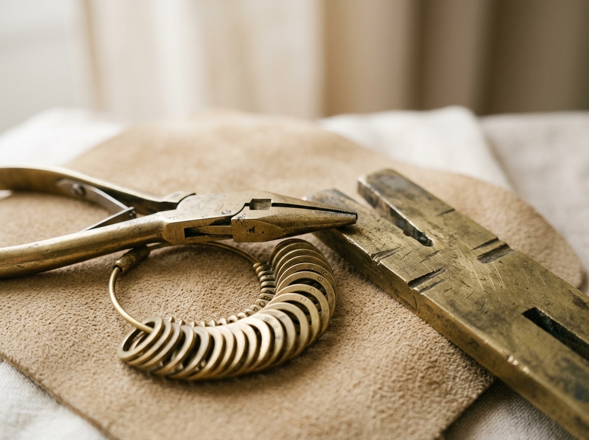A designer's hand sketching a ring design with a pencil and brass ruler on cream paper