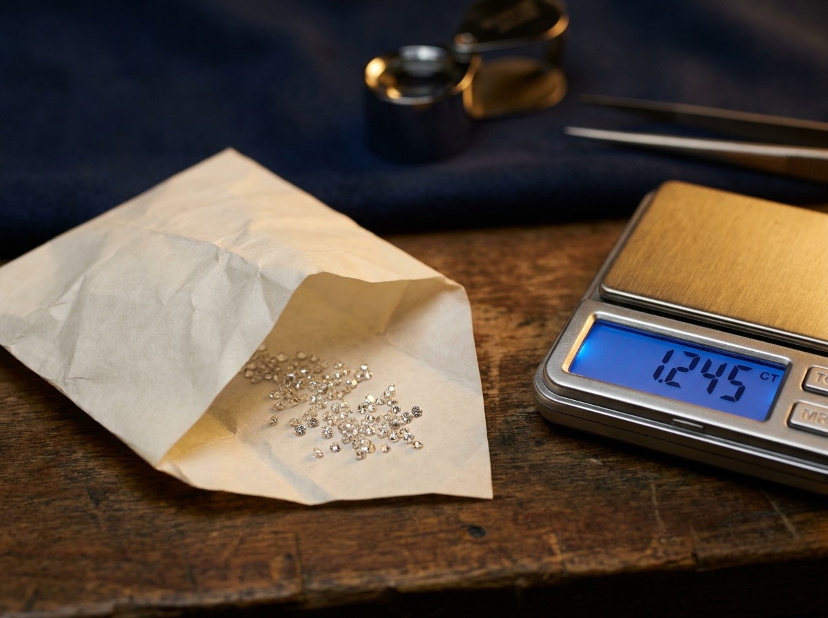 A wholesale natural melee diamond parcel folded open beside a digital carat scale on a trade desk, ready to ship for a bridal jewelry program order
