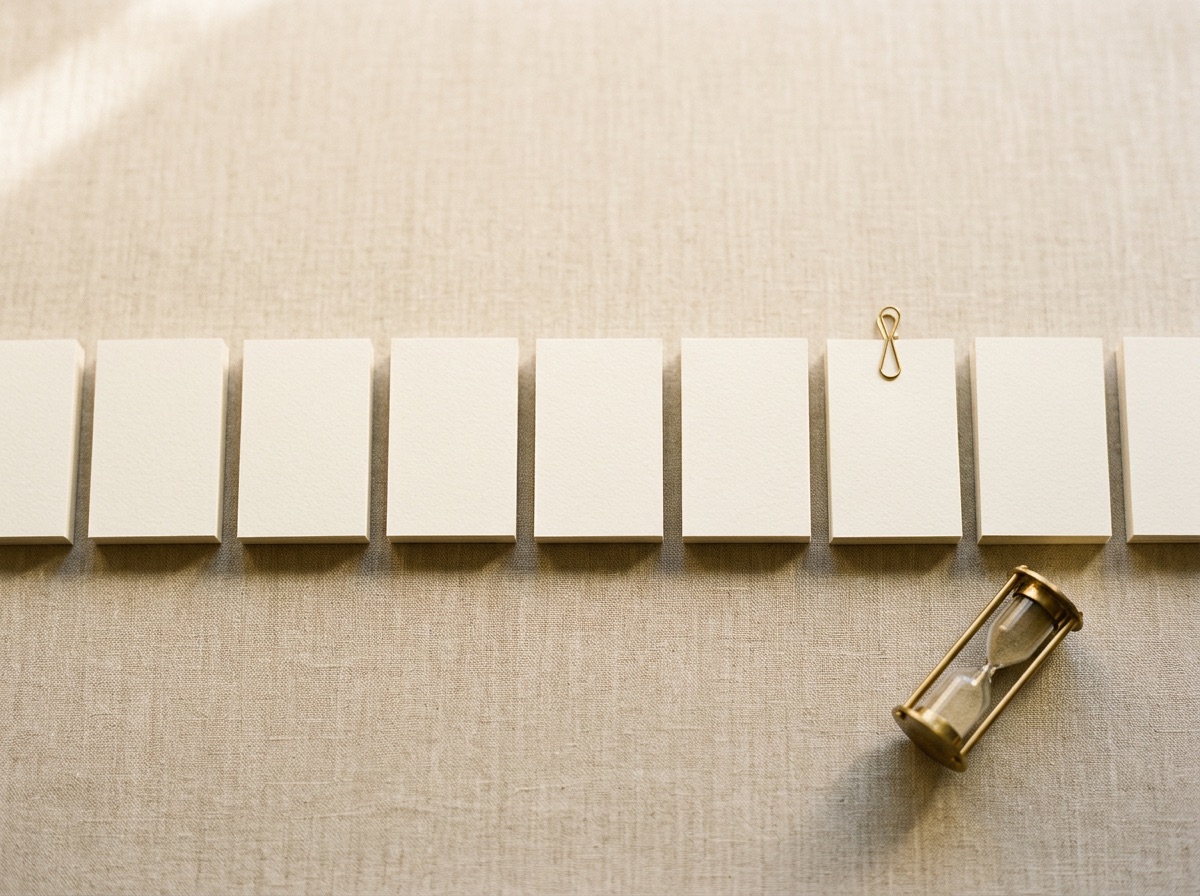 A row of production stage cards with an hourglass, representing the fixed and variable stages of a custom jewelry timeline