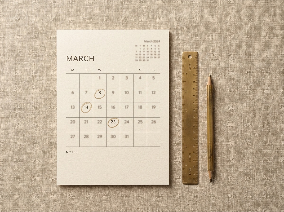 A calendar with dates circled, representing how custom jewelry delivery dates should be tracked from CAD approval