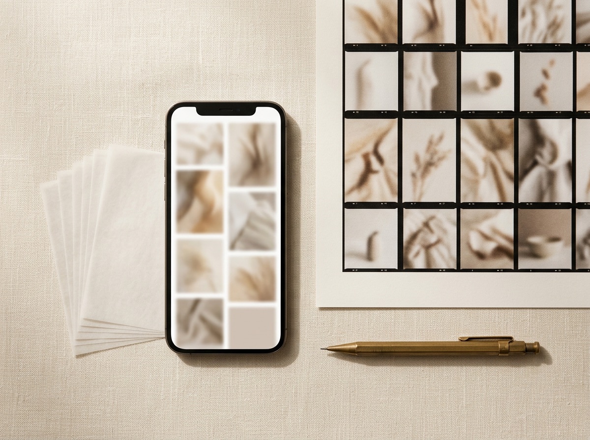 Phone and printed contact sheet of saved inspiration images on a linen surface