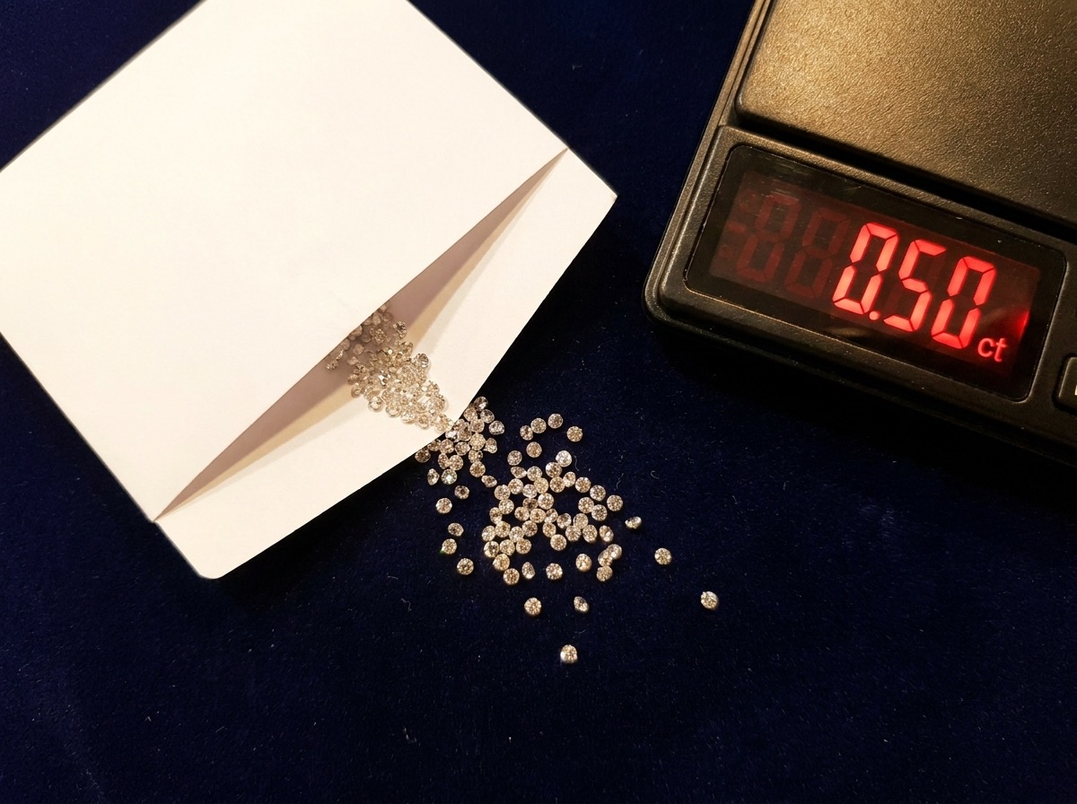 Folded diamond parcel paper with loose natural melee diamonds and a digital carat scale on navy velvet, ready to ship same day