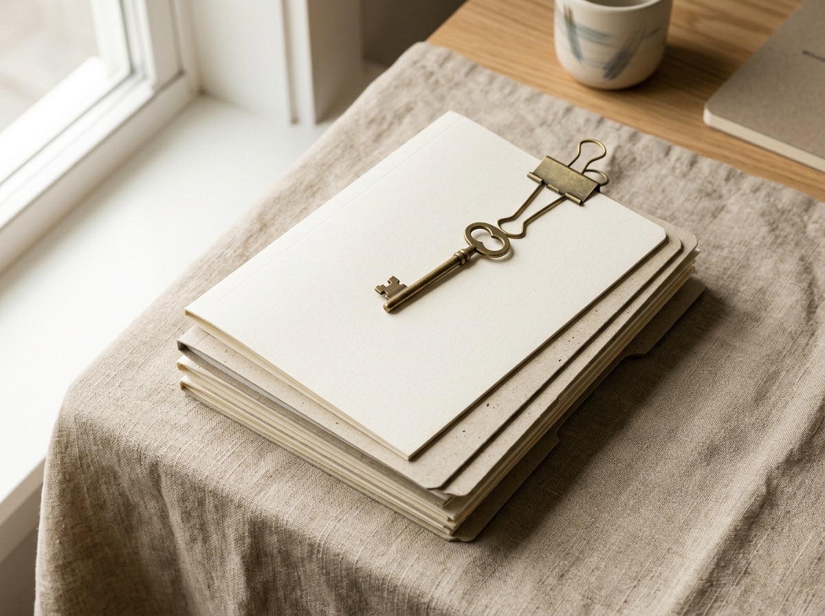 A tidy stack of folders bound with a brass clip and a brass key, representing a retailer onboarding process
