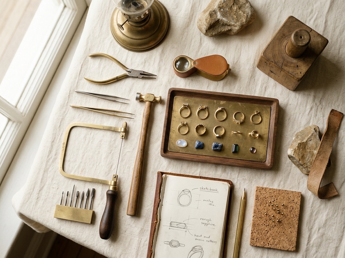 An open trade ledger and desk supplies representing reorder planning and cash-flow management for a diamond retailer