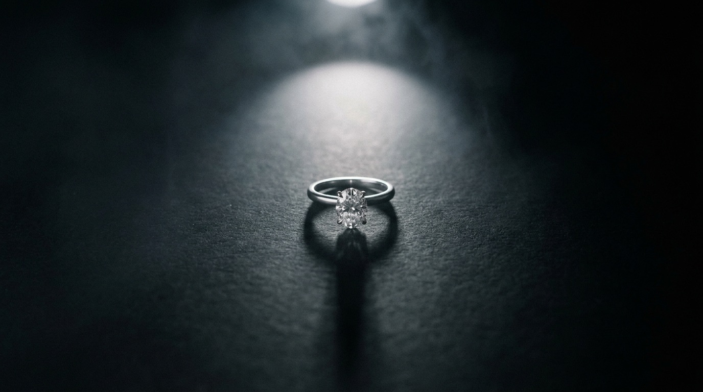 Jeweler's hands sketching a custom ring design next to loose diamonds on a cream linen workbench