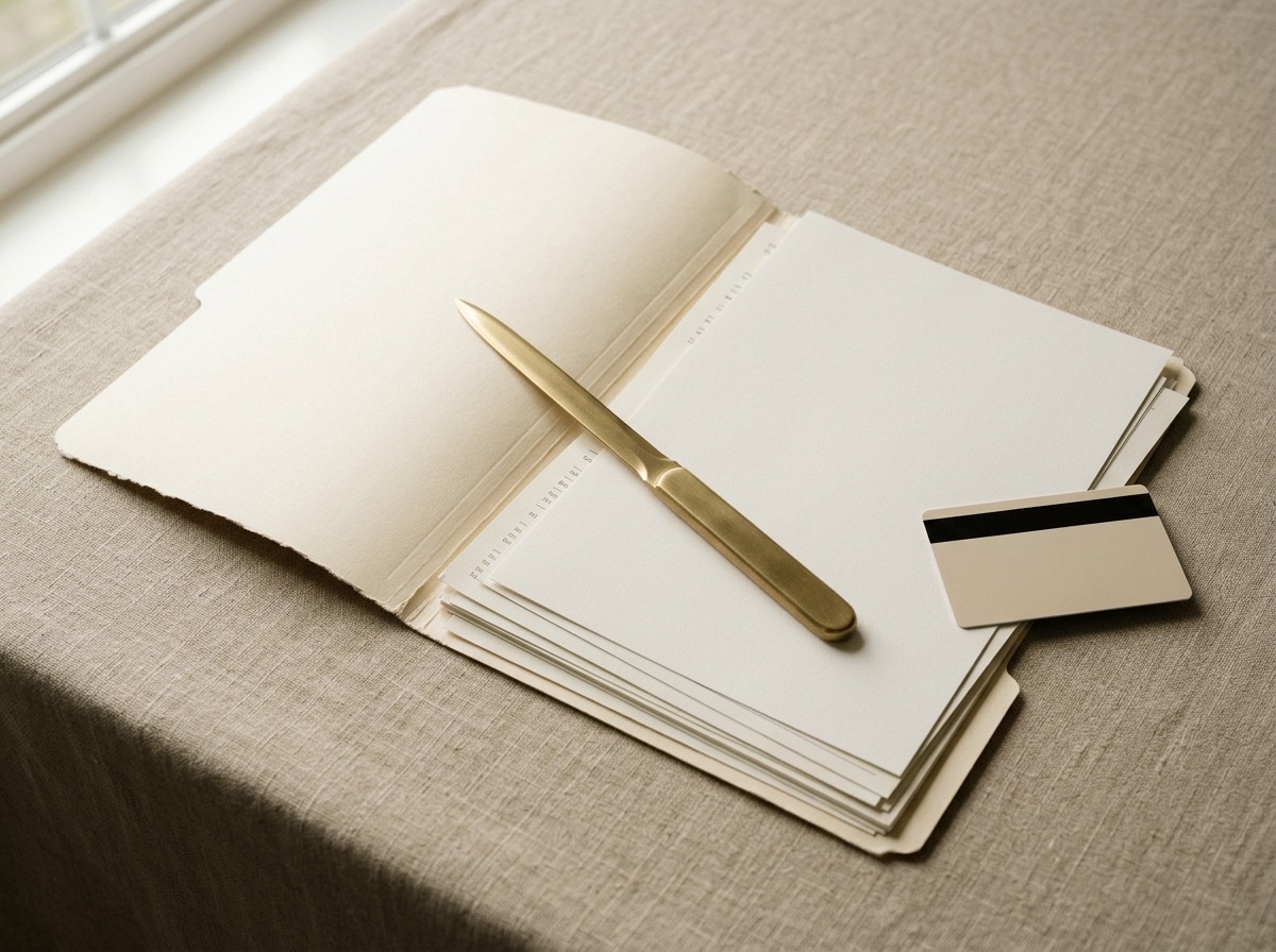 Open checkbook with a fountain pen, a bound stack of paid invoice slips, and a torn desk calendar page on a linen surface