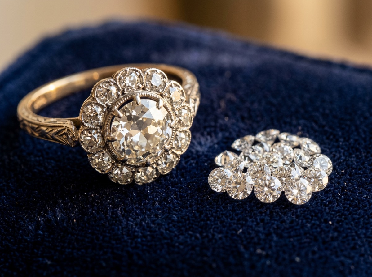 An antique ring set with old European-cut diamonds beside loose modern round natural melee diamonds for comparison