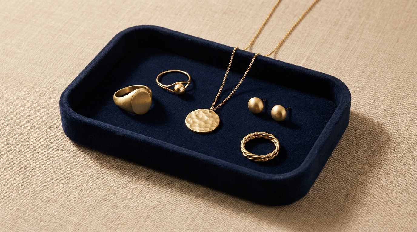 Finished unbranded jewelry pieces from a house collection ready to ship on a velvet display tray