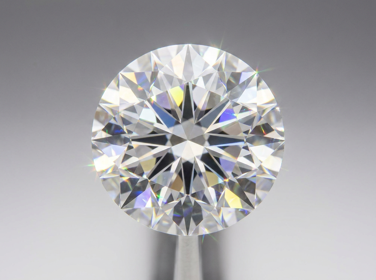 A single polished lab-grown diamond catching bright light against a soft neutral gray backdrop, sharp facets visible