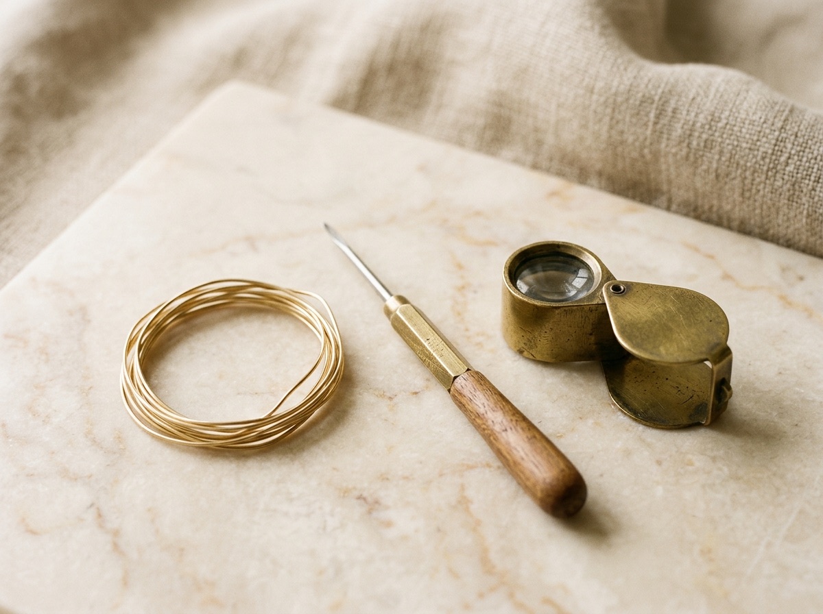 Overhead flatlay of a jewelry design studio desk with a brass caliper, loupe, pencil, and hand-sketched ring design on cream paper