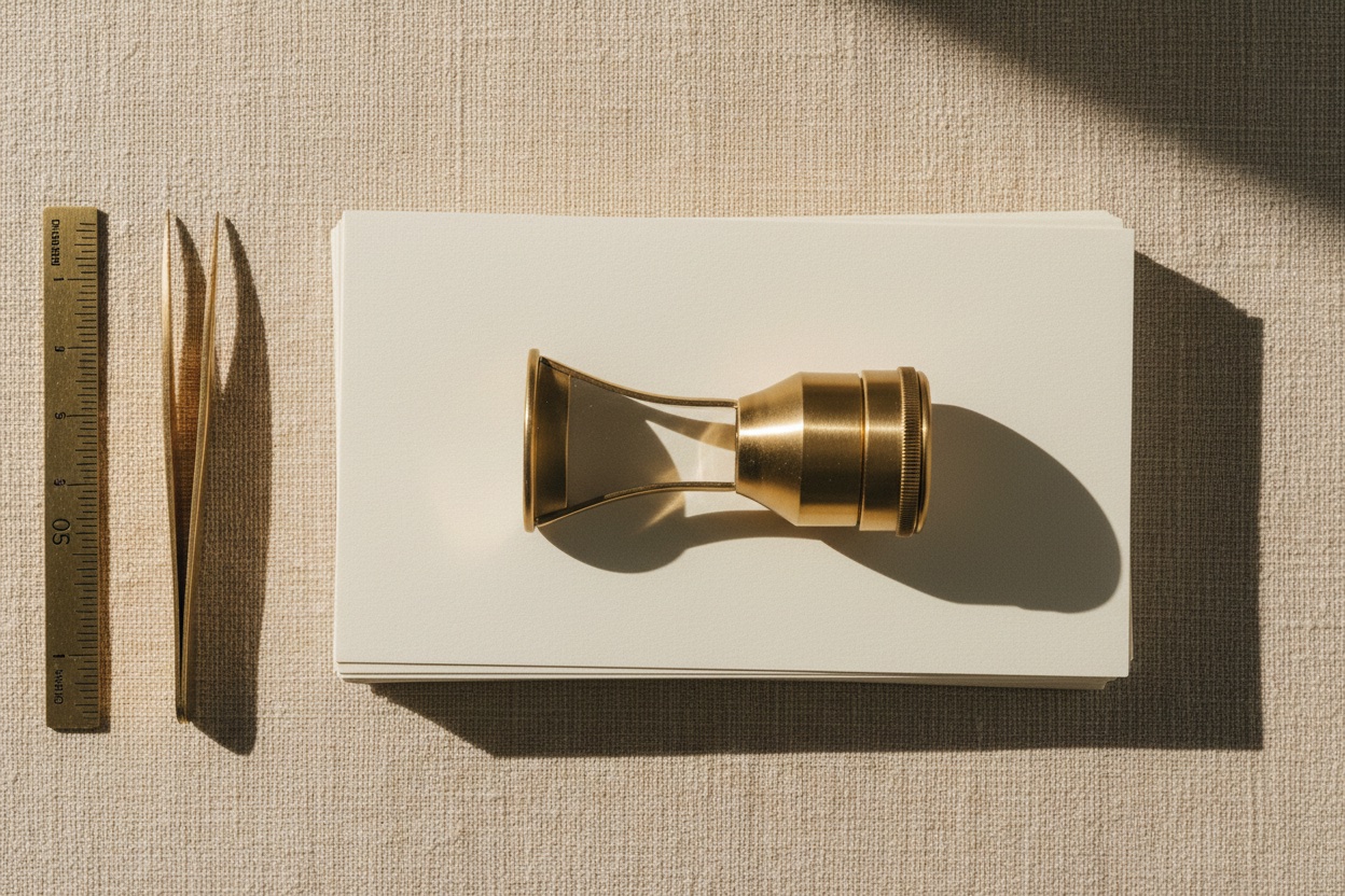Overhead editorial photograph of a brass letter opener, loupe, and blank certificate paper corners arranged on warm oat linen