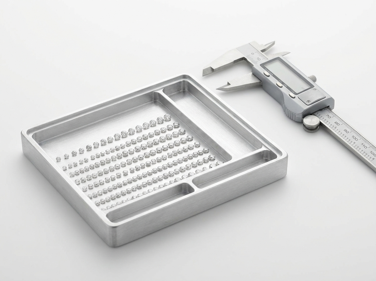A metal tray filled with tiny calibrated round melee diamonds sorted in neat rows by size, with a small precision measuring gauge beside the tray