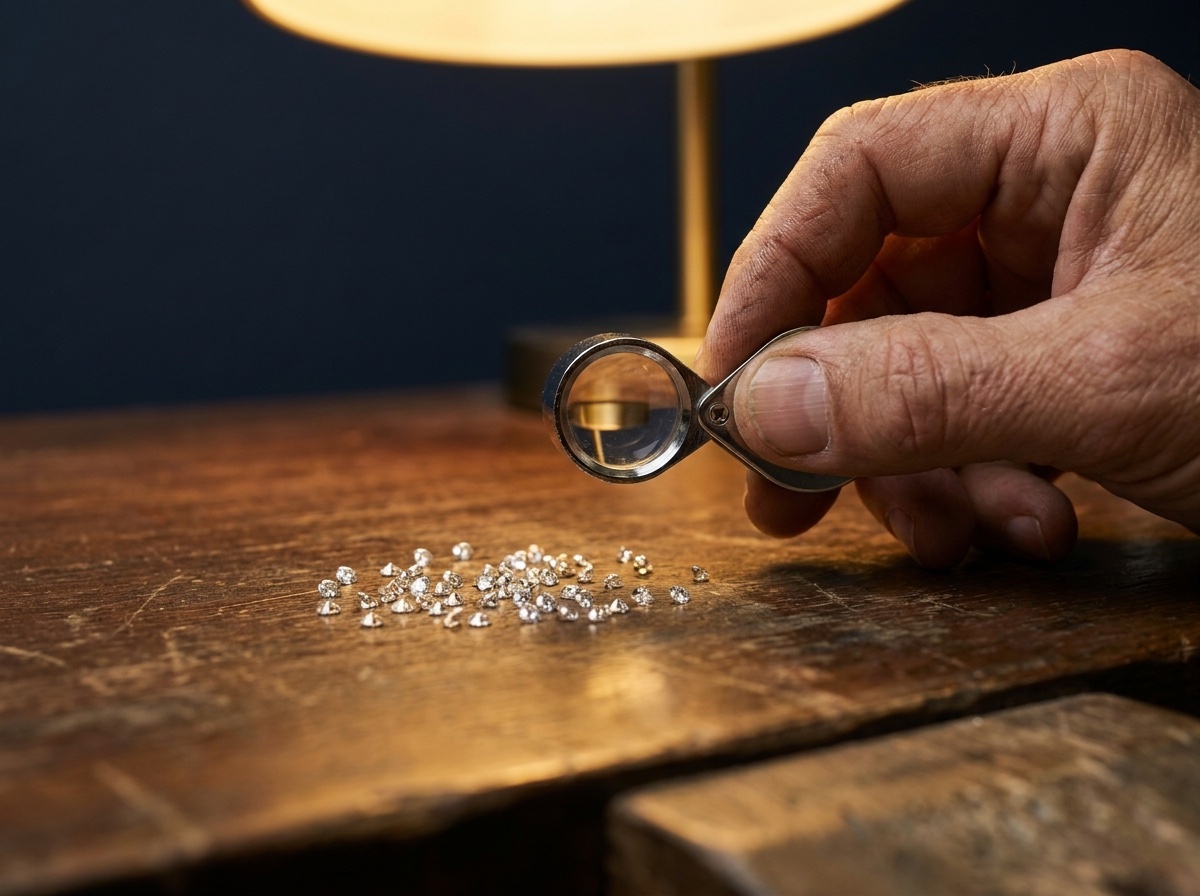 Jeweler examining loose melee diamonds through a loupe on a dark trade desk surface