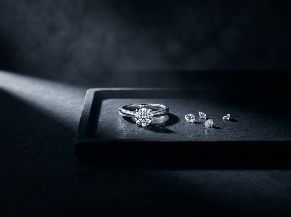 Loose lab-grown diamonds arranged on a grading tray beside a jeweler's loupe on a wholesale desk in the NYC Diamond District