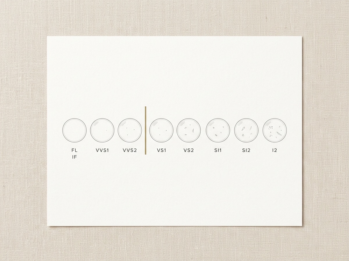 Abstract diamond clarity-grade scale reference card showing minimal circular discs from FL to I2 on an oat and bone background