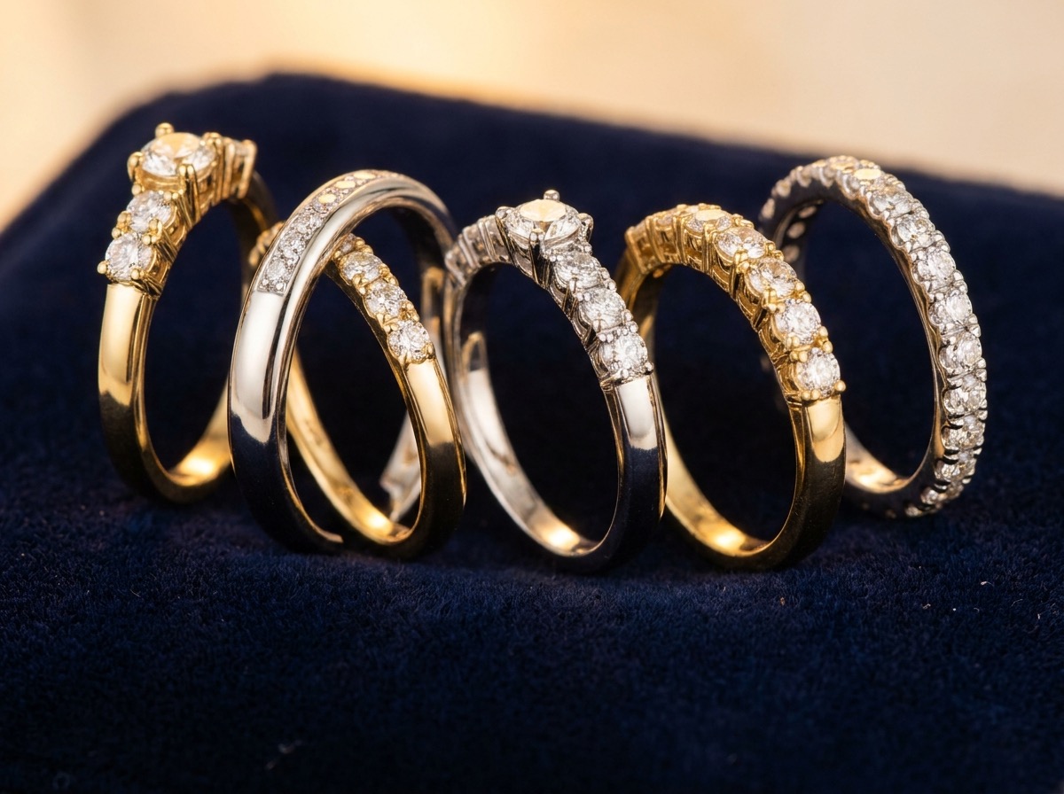 Several finished bridal rings and an eternity band laid out together on navy velvet, each set with matched natural melee diamonds to the same color and clarity standard