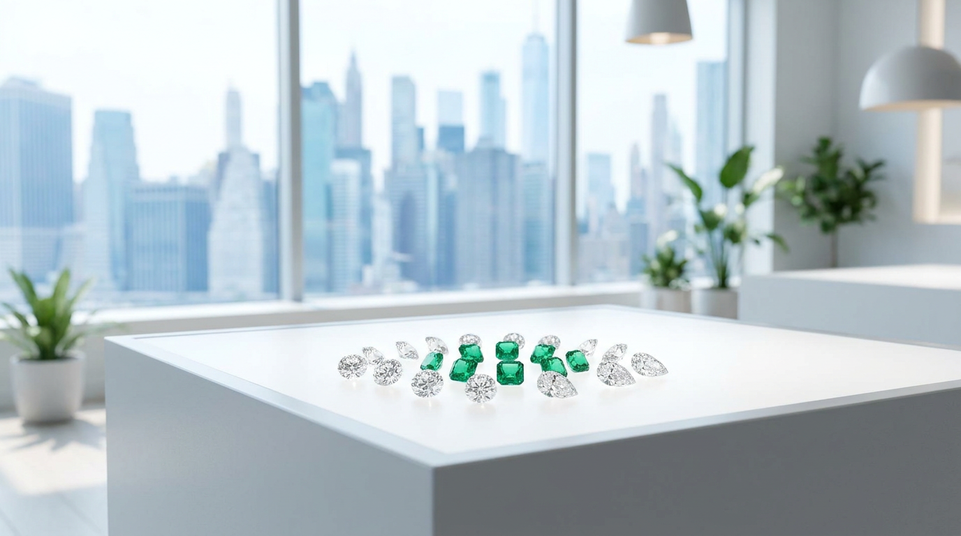 Loose polished lab-grown diamonds of varying shapes fanned across a bright white light table with a soft blurred Manhattan skyline visible through a window