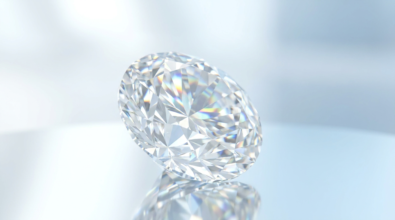 Macro photograph of a single polished lab-grown diamond resting on a reflective glass surface with soft studio light refracting through its facets