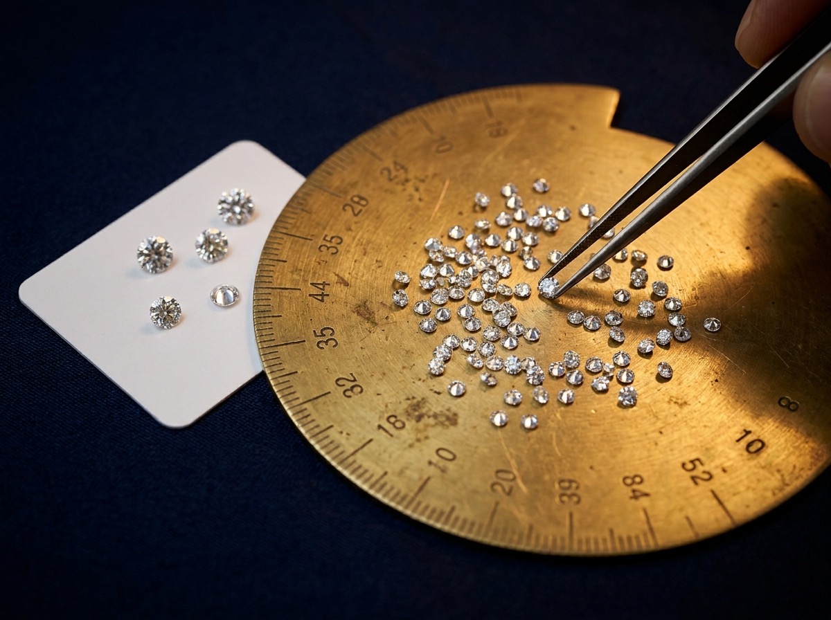 Loose round melee diamonds being sorted on a graduated sieve plate next to a color grading card