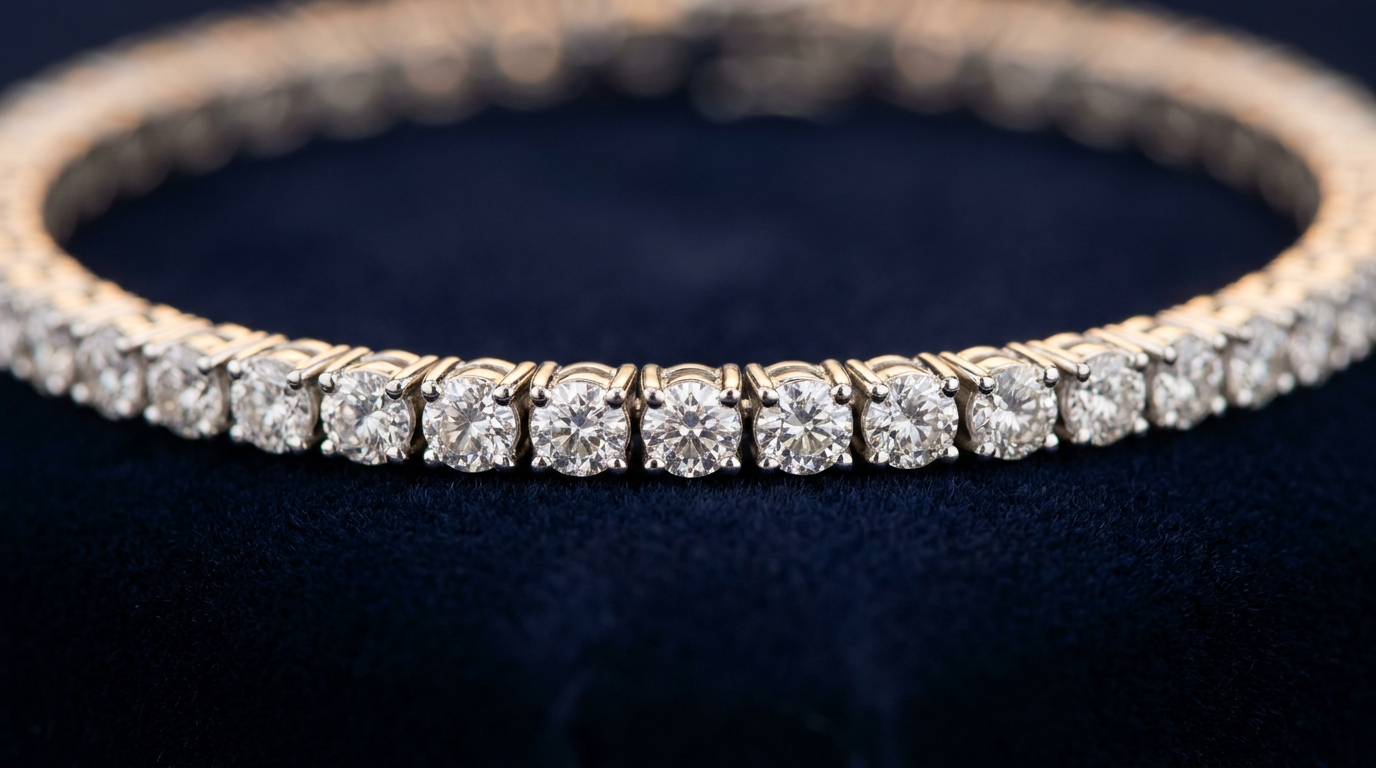 Natural melee diamonds set edge to edge in a tennis bracelet line, navy and champagne-gold trade editorial macro