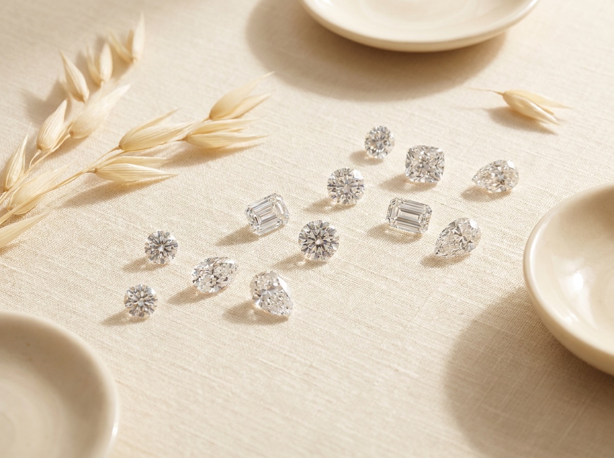 Loose round brilliant diamond and a grading report laid on a cream linen surface with a jeweler's loupe