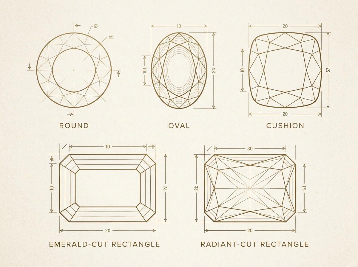 Line-art sketches of solitaire, halo, and three-stone engagement ring setting styles on a jeweler's design desk