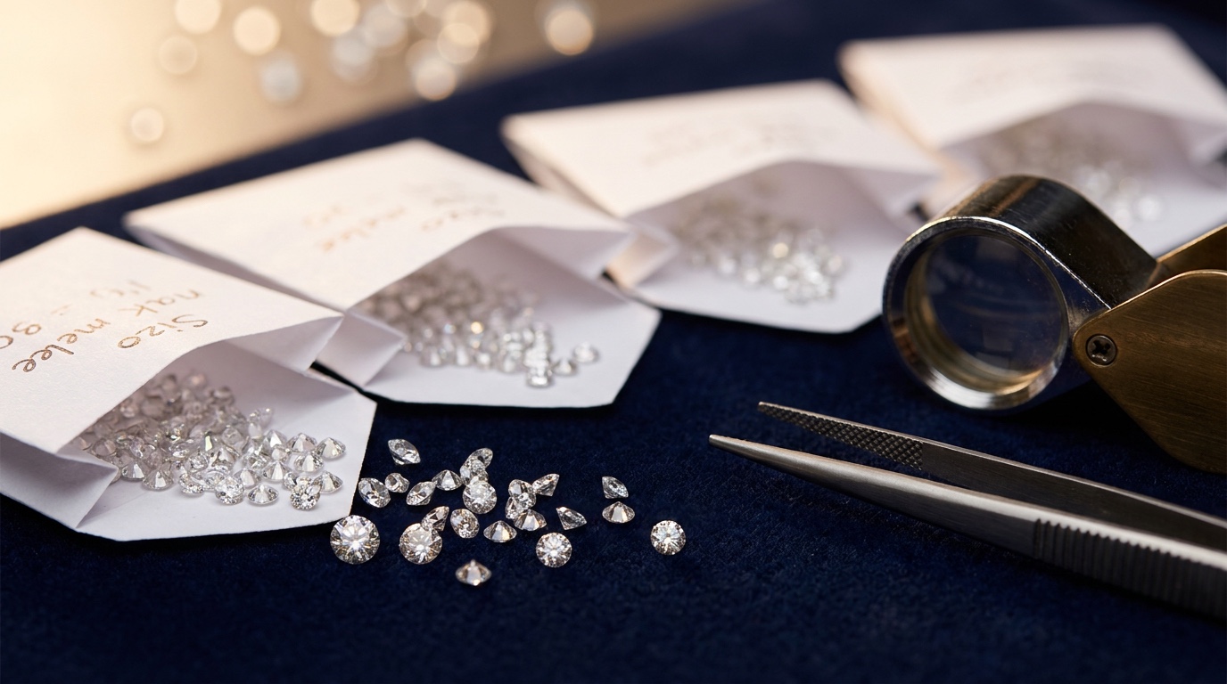 Loose round natural melee diamonds sorted by size in open parcel papers on navy velvet, ready for wholesale quoting