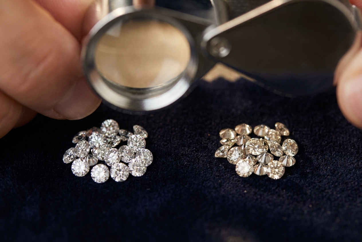 side-by-side comparison of loose melee diamonds under a loupe showing color grade contrast, illustrating quality-driven pricing